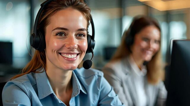 Smiling customer service representative with headset, working in a modern office environment. Professional atmosphere.