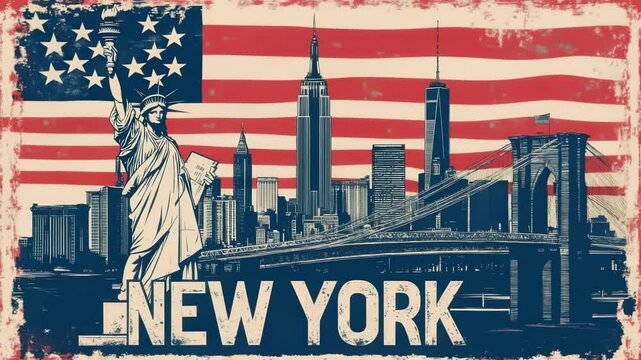 Vintage New York poster with Statue of Liberty, skyline, bridge and American flag in retro graphic style