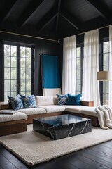 Generative AI, Scandinavian Living Room with Blue Accents and Dark Wood