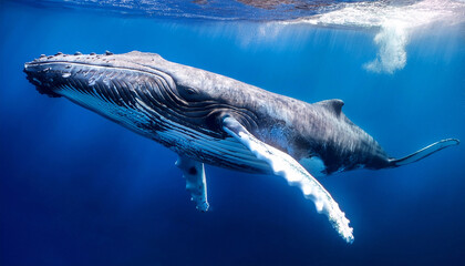 A giant beautiful blue whale swimming around peacefully in the big deep ocean waters