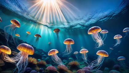 Beautiful coral reef in saltwater with exotic jellyfish and fish and colorful background