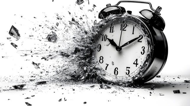 Shattering Alarm Clock Exploding With Glass Pieces Symbolizing Urgency And Destruction
