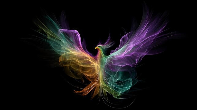Colorful Abstract Phoenix Artwork in Vibrant Hues of Purple, Green, Yellow, and Blue on Black Background