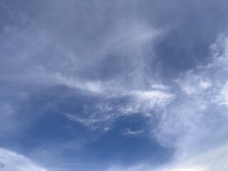 Beautiful blue sky with white clouds. The sky was clear and bright, and clouds were scattered all over the sky. The scene was peaceful and serene, as if the viewer was gazing at a beautiful day.