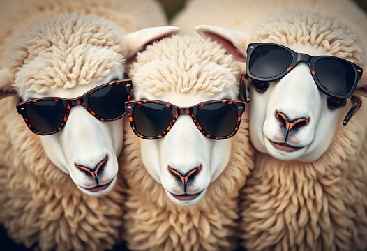 Three Sheep Wearing Sunglasses, Close-up Portrait. Generative Ai