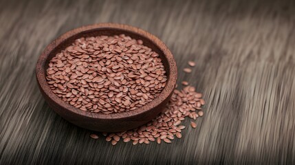Brown Flax Seeds in Wooden Bowl on Rustic Table