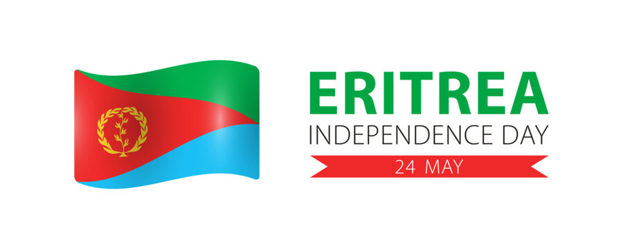 Eritrea Independence Day, simple minimalist web banner design. Text Eritrea Independence Day, 24 may and Eritrean flag isolated on white background.