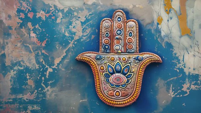Intricate hamsa hand symbol featuring vibrant multicolored patterns, resting on textured artistic surface with delicate ornamental details