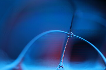 Blue reflections of liquid in macro, bright liquid surface, bubbles in macro, connection of bubbles in macro, cell from liquid, molecular structure, glossy surface panels