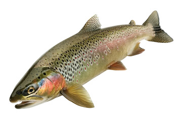 A stunning rainbow trout glistens with vibrant colors against a pristine white background isolated on transparent background