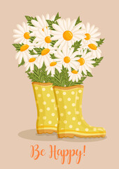 Bouquet of white chamomile flowers in yellow rain boots. Spring composition for Women's Day, Mother's Day, Valentine's Day and other holidays. Spring floral design isolated vector illustration.