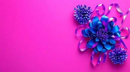 Delicate blue flowers and purple ribbon adorn a vibrant pink backdrop for celebration