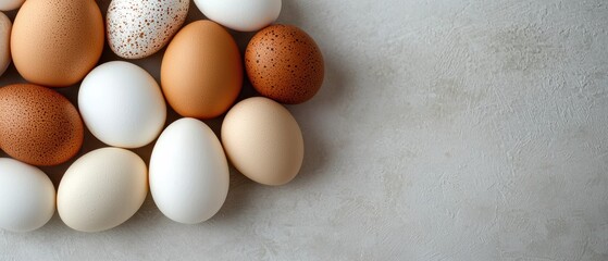 Assorted white and brown eggs piled on light gray background for national egg day
