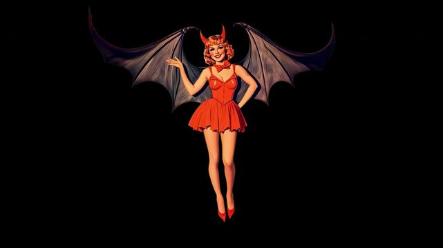 Vintage devil pin-up animation isolated asset, transparent 4K video, alpha channel, ProRes 4444