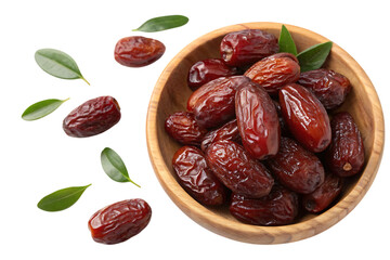 A bowl brimming with plump, glistening dates, scattered with vibrant green leaves, evokes the...