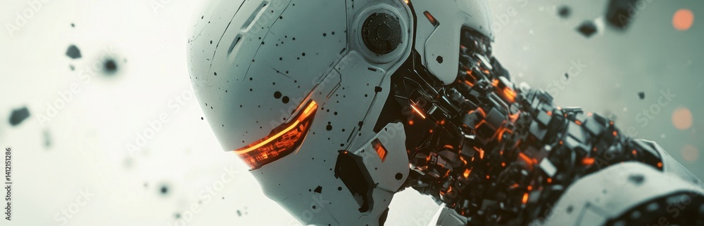 Poster this striking image features a futuristic robot head with glowing eyes set against an abstract backg