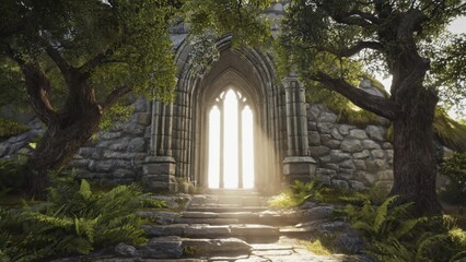Obraz premium Ancient architectural ruins with a grand gothic arch and sunlit doorway.