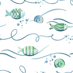 Cute decorative fishes of blue and turquoise colors swim with bubbles, shells and wave lines. Watercolor illustration hand-drawn on the theme of sea and fishing. Seamless pattern on a white background