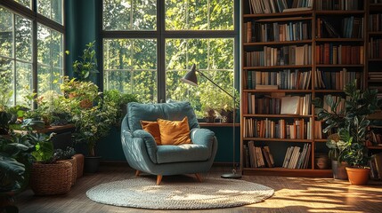 A quiet corner in an office with a cozy armchair, bookshelf, and a floor lamp, creating a comfortable reading area