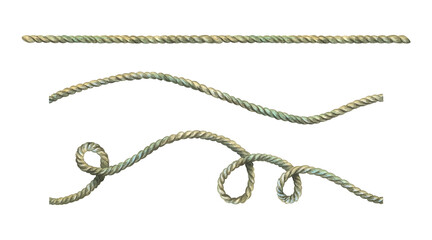 Rope, twine, jute brown, straight, wave and twisted with loops. Watercolor hand-drawn illustration on the theme of sea and fishing. Set of individual elements isolated from the background.