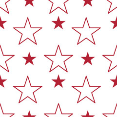 A seamless vector pattern featuring red outlined stars on a white background. The design alternates between five-pointed stars and star shapes, creating a playful and festive look.