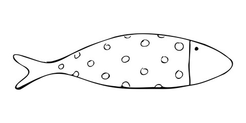 Large elongated fish of simple shape with rustic patterns. Graphic line art hand drawn on the theme of sea and fishing in black and white ink. Separate element isolated from the background EPS vector