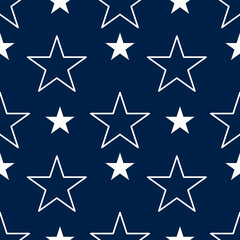 Fototapeta premium A seamless vector pattern featuring white stars on a navy blue background. The design includes both outlined and filled stars, creating a playful and dynamic visual effect.
