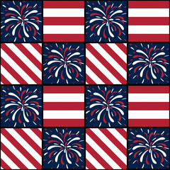 A festive vector pattern featuring alternating squares with red and white stripes, blue backgrounds, and colorful fireworks designs. Ideal for patriotic themes and celebrations.