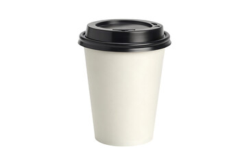 A simple off-white disposable coffee cup with a black lid, ready for your morning brew, perfectly...