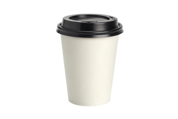 A simple off-white disposable coffee cup with a black lid, ready for your morning brew, perfectly isolated against a pure white background.