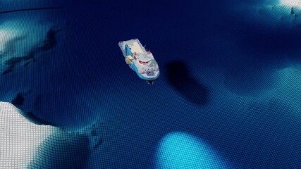 Fishing vessel employs underwater sonar to locate fish, based on analyzing sound wave reflections. Seamless loop. 3D rendering.