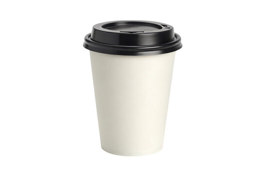 A simple off-white disposable coffee cup with a black lid, ready for your morning brew, perfectly isolated against a pure white background.