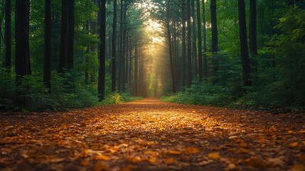 Obraz premium straight dirt path runs through a dense green forest. The ground is layered with dry autumn leaves, and soft sunlight glows at the end of the trail