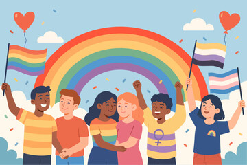 2D illustration for Pride Month celebration. Diverse LGBTQ+ characters, including gay, lesbian, transgender, non-binary couples, and people of different races holding rainbow flags. 