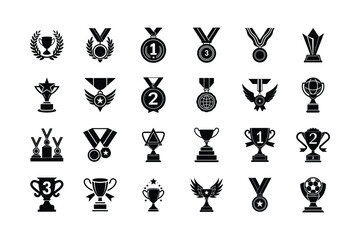 Set of winning trophy and medal Vector silhouette