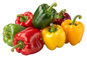 A vibrant pile of bell peppers, showcasing their rich colors and juicy freshness against a stark white background, a burst of red, green, and yellow.