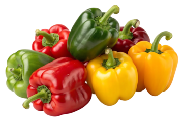 A vibrant pile of bell peppers, showcasing their rich colors and juicy freshness against a stark white background, a burst of red, green, and yellow.