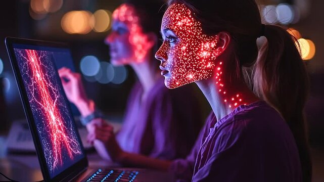 Future tech with woman and face ID at night concept, data science and technology