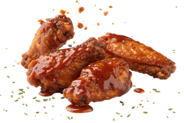 Delicious, juicy, BBQ chicken wings glistening with a sticky glaze, scattered with herbs and spices against a clean white background.