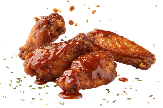 Delicious, juicy, BBQ chicken wings glistening with a sticky glaze, scattered with herbs and spices against a clean white background.