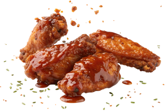 Delicious, juicy, BBQ chicken wings glistening with a sticky glaze, scattered with herbs and spices against a clean white background.
