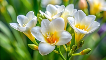 Naklejka premium Beautiful white and yellow spring tulips blossom in a tropical garden