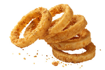Golden-brown onion rings, a crispy, crunchy stack of delicious fried goodness, perfectly seasoned and ready to savor against a bright white background.