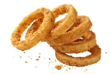 Golden-brown onion rings, a crispy, crunchy stack of delicious fried goodness, perfectly seasoned and ready to savor against a bright white background.