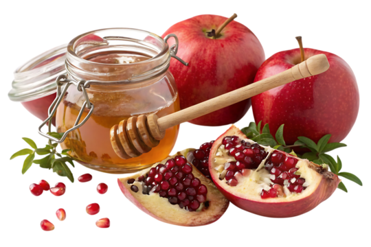 Golden honey, ripe apples, and juicy pomegranate seeds symbolize a sweet and abundant Rosh Hashanah, a vibrant still life with warm lighting.