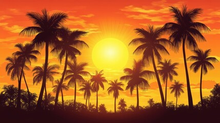 Vibrant Sunset Over Tropical Landscape with Silhouetted Palm Trees Against a Colorful Sky of Orange and Yellow