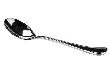 A beautifully polished spoon resting elegantly on a smooth white surface in bright light isolated on transparent background