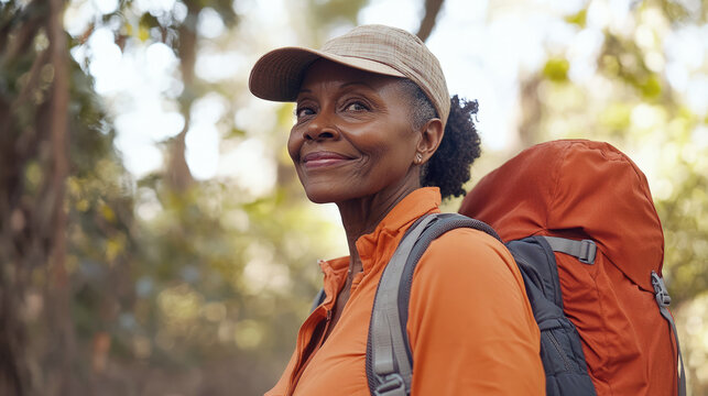Confident senior Black woman hiking through forest with orange backpack and cap, enjoying nature and adventure in warm sunlight during a peaceful day outdoors.