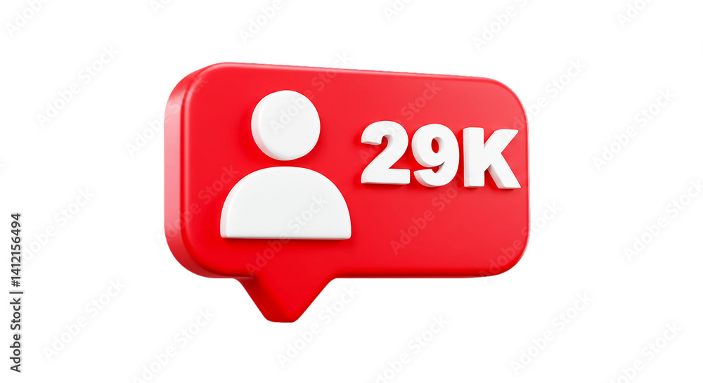Poster a red notification icon with a white user icon and the number twenty nine k on a black background