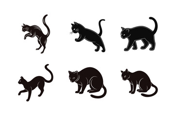 A set six high-quality black cat silhouette vector graphics, ready for use in illustrations, logos, and other design applications.
